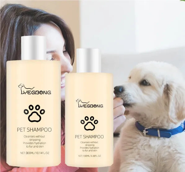 Bottle of mild dog shampoo for softening and detangling hair, shown in 100ml and 300ml sizes.