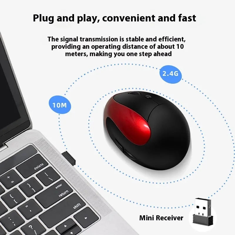 Vertical ergonomic computer mouse in red with wireless charging port on front.