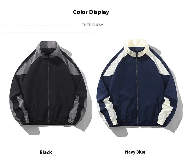 Men's black casual jacket with contrast stitching and side pockets, laid flat.