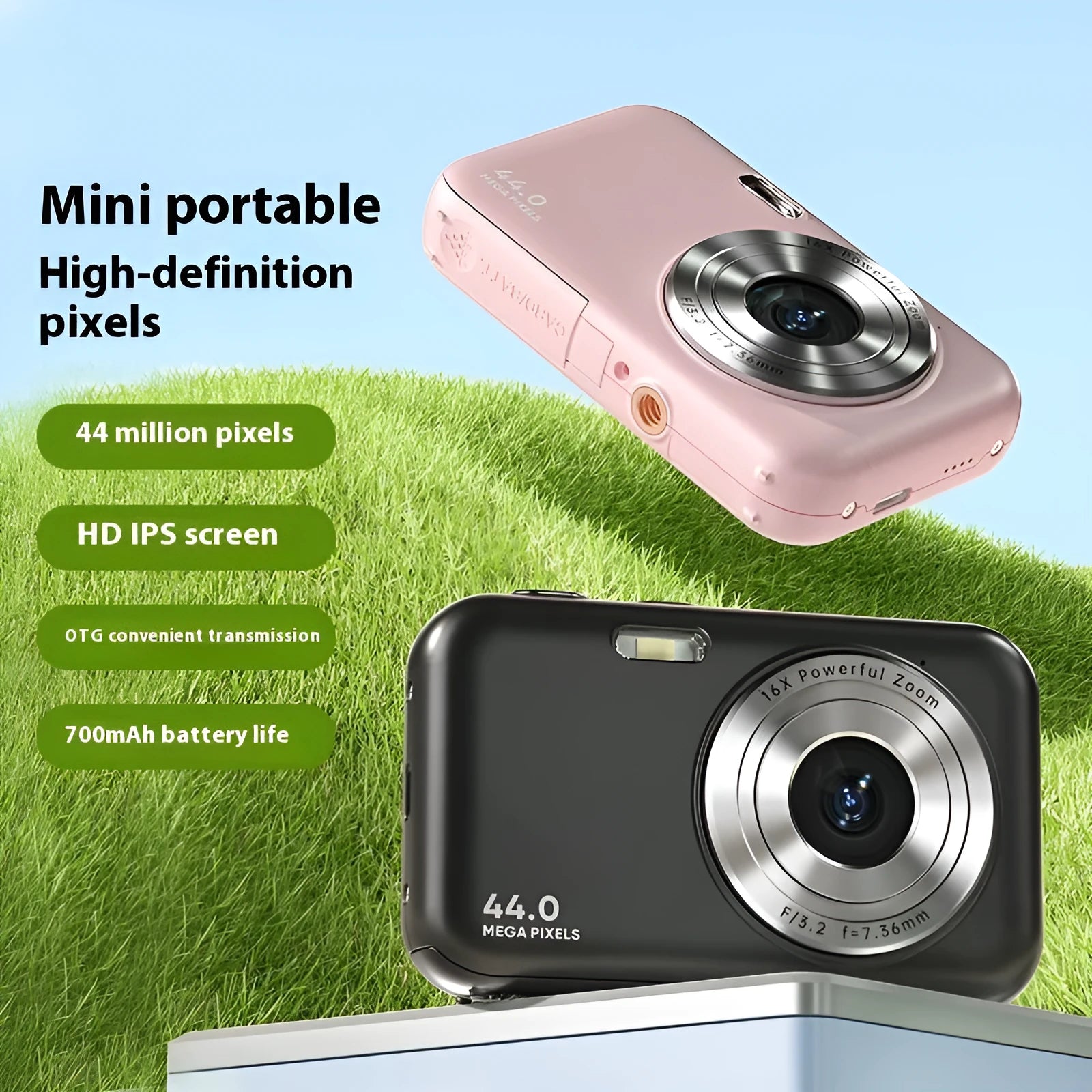 Children's digital camera with 2.4-inch screen in black, green, pink, or purple colours