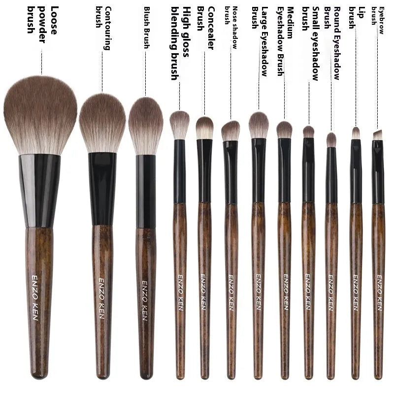 12-piece makeup brush set in PU roll case with wooden handles