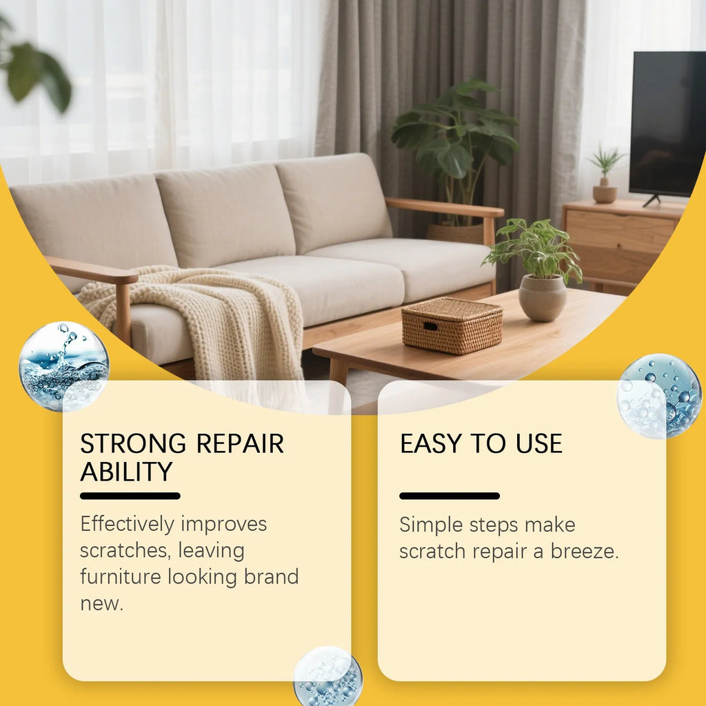 Wooden furniture scratch care solution kit showing 100ml bottle and microfibre towel for surface maintenance