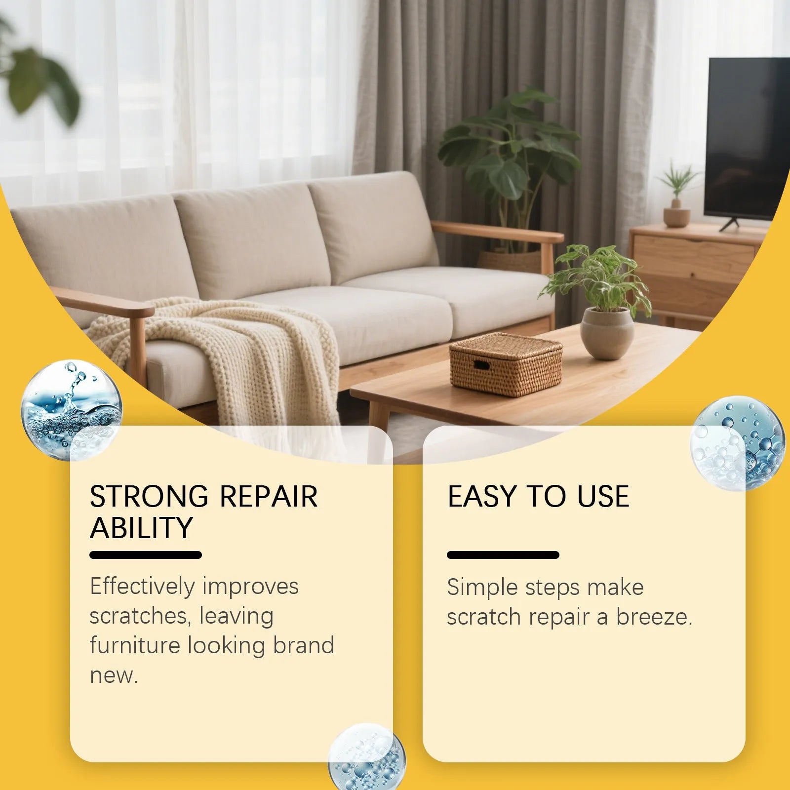 Wooden furniture scratch care solution kit showing 100ml bottle and microfibre towel for surface maintenance