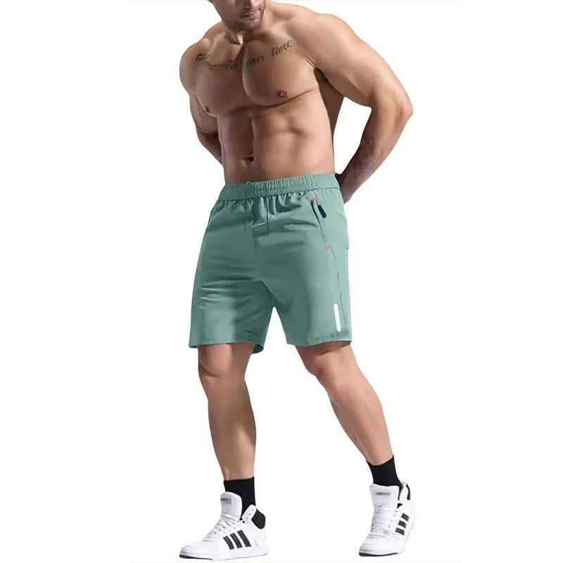 Men's grey sports shorts with an elastic high waist and drawstring, made from bamboo fibre and polyester fabric.