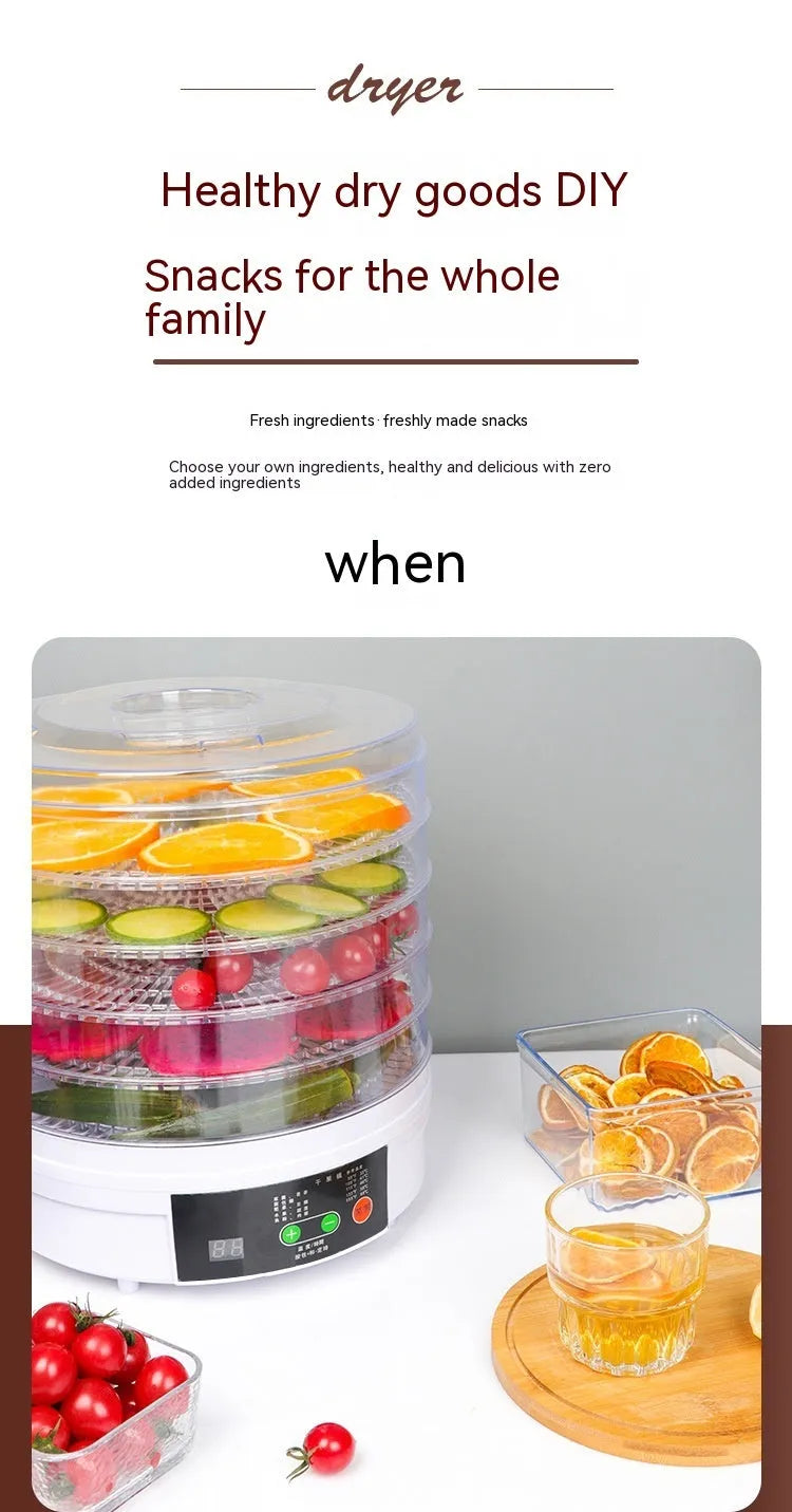 Five-tray household fruit dehydrator with removable shelves on kitchen counter