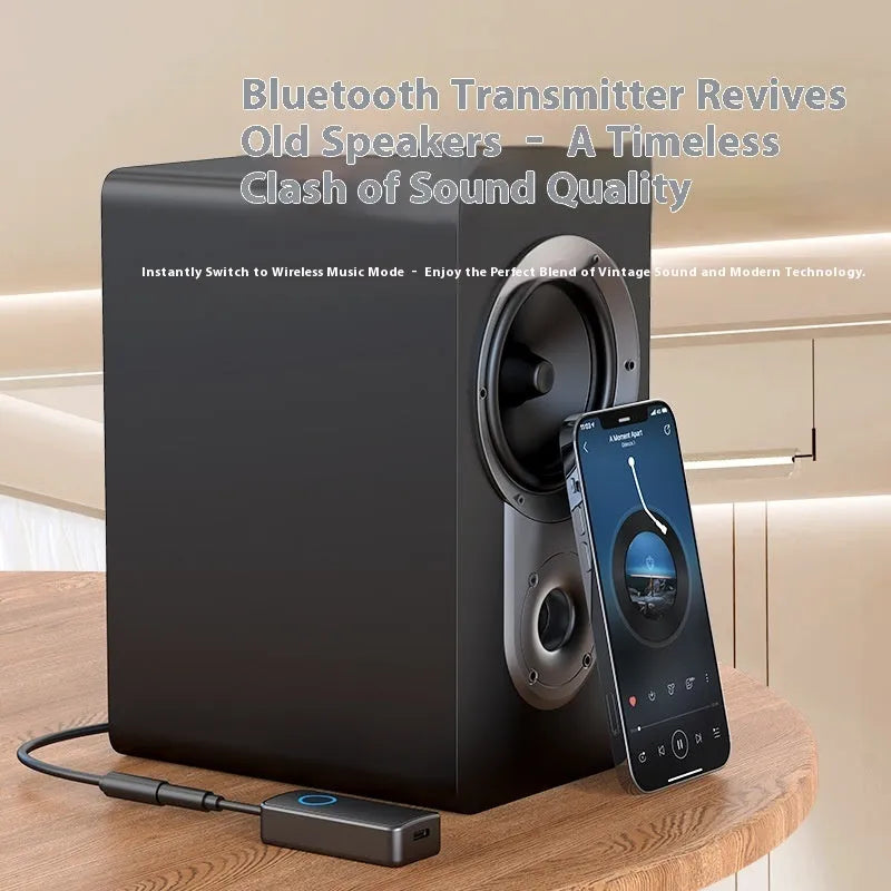Black Bluetooth 5.4 audio adapter with 3.5mm plug for wireless connection to car stereos and speakers