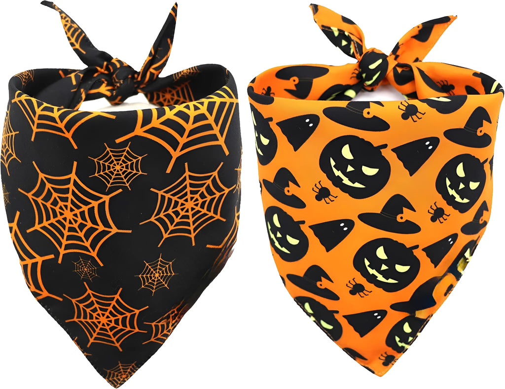 Reversible black and orange Halloween dog bandana with pumpkin and spider web patterns.