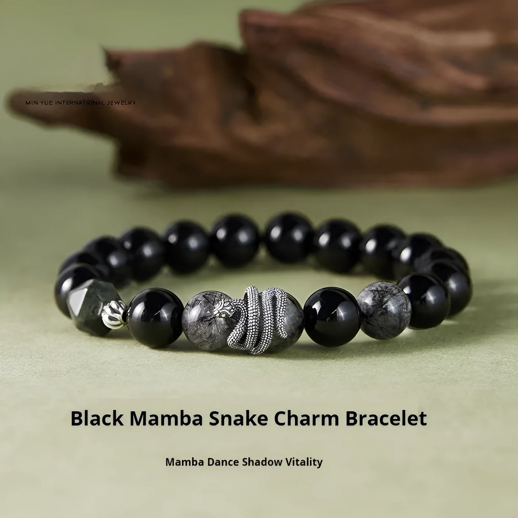 Men's black S925 sterling silver bracelet with 10mm obsidian stone and retro snake design