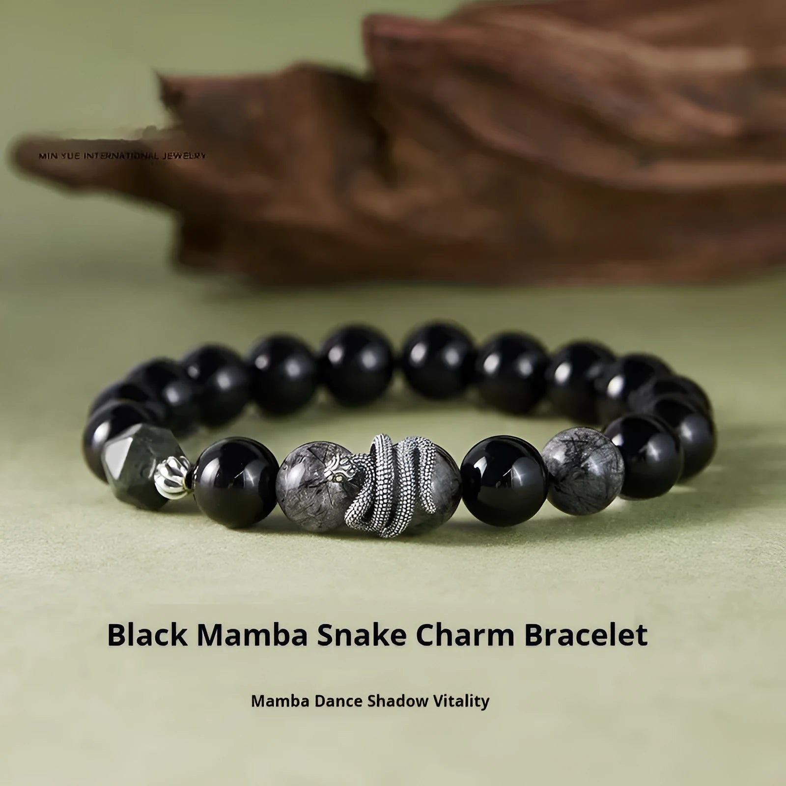 Men's black S925 sterling silver bracelet with 10mm obsidian stone and retro snake design