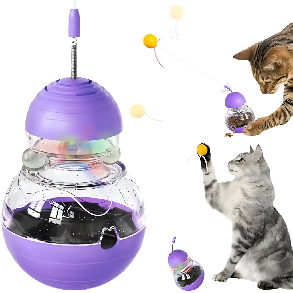 Colourful cat interactive toy with wobble base, teasing wand, and slow feeder mechanism