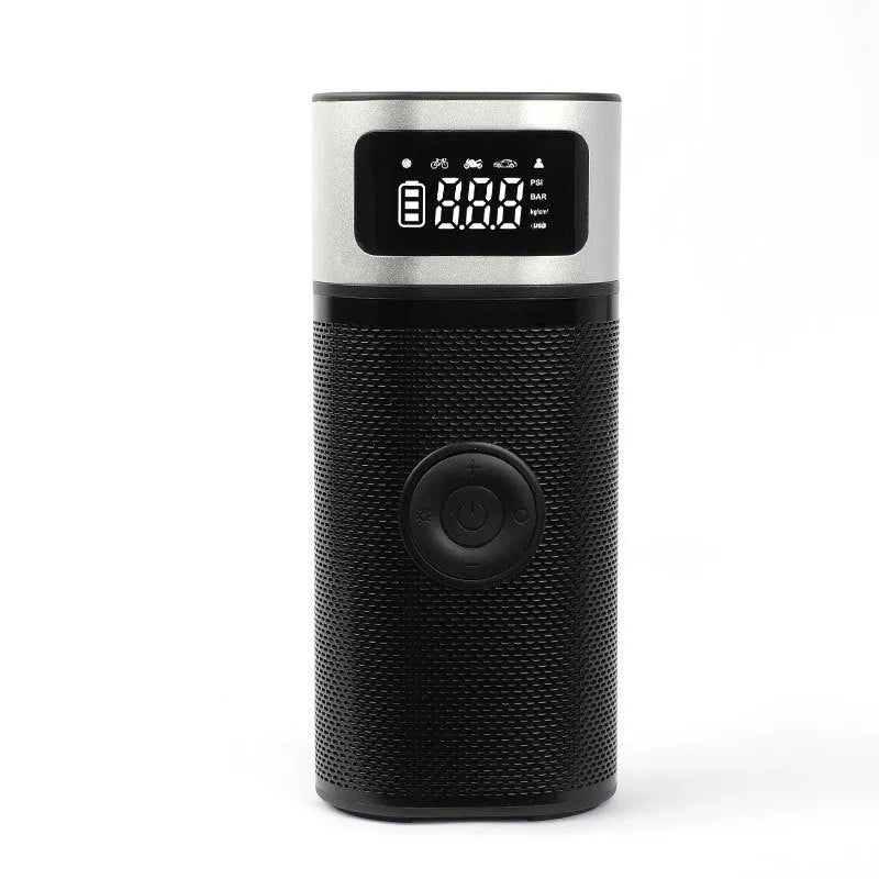 Black portable wireless air pump with USB charging cable and multiple nozzles including bicycle, swimming circle and ball attachments