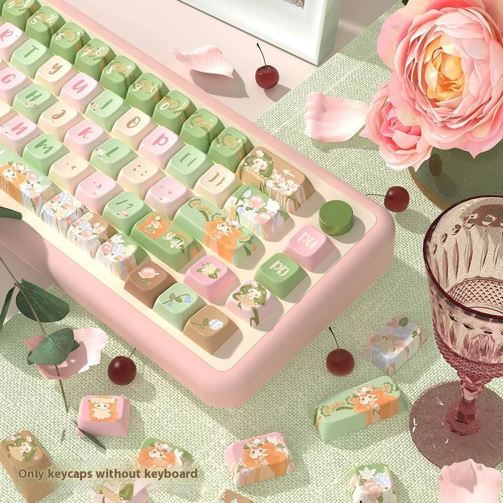 Summer Garden design dye-sublimation printed keycap set for mechanical keyboards, shown in 138-key and 158-key options.