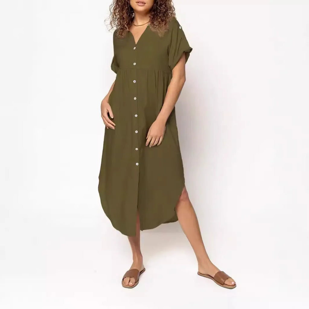 Loose fit solid colour mid-length casual dress with button front detail on a hanger