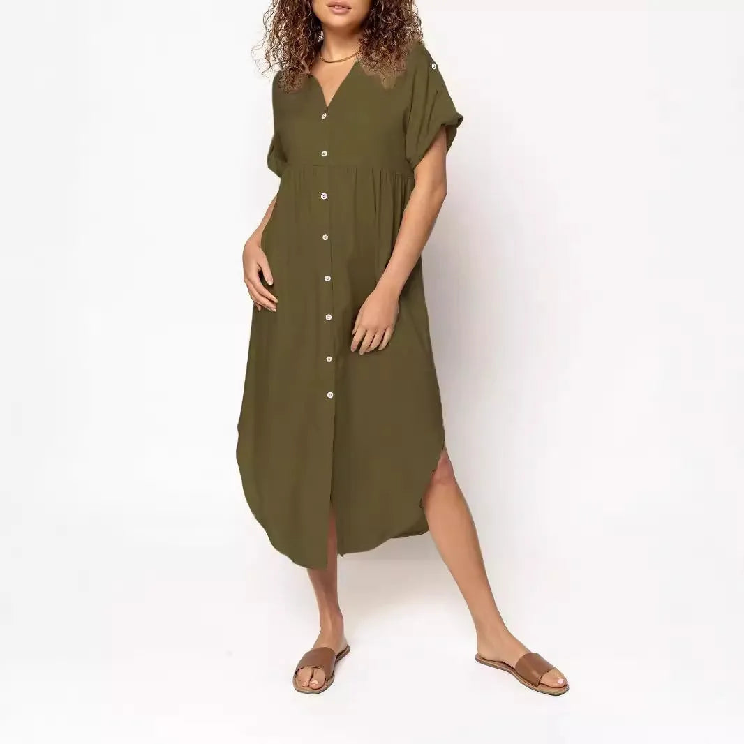 Loose fit solid colour mid-length casual dress with button front detail on a hanger