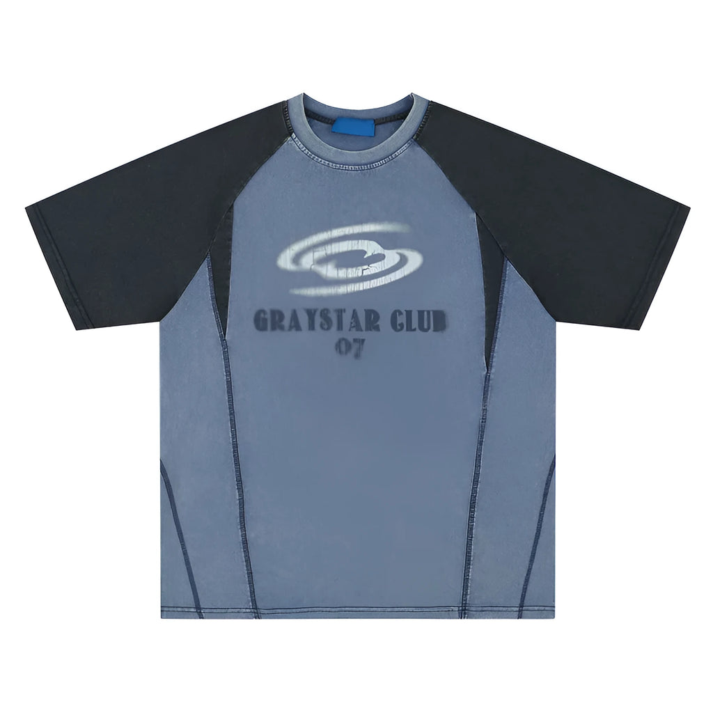 Men's blue hip hop letter print t-shirt with raglan sleeves shown in loose fit style
