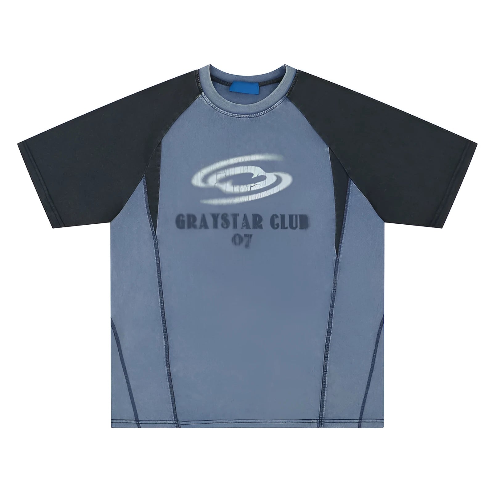 Men's blue hip hop letter print t-shirt with raglan sleeves shown in loose fit style