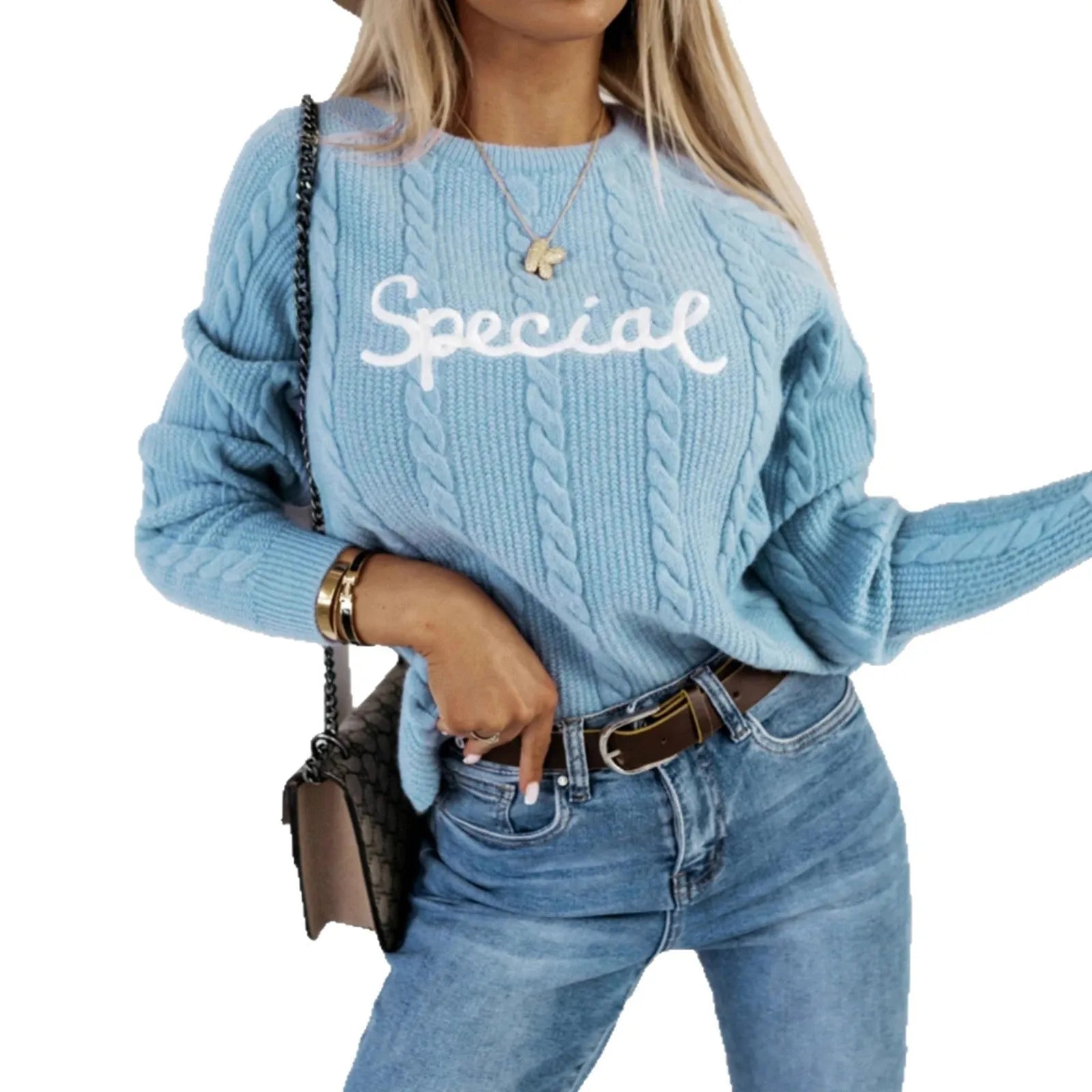 Blue leisure pullover with embroidered letter detailing and crew neck design