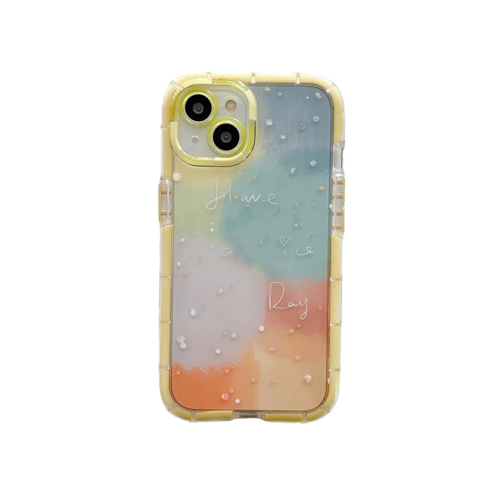 Minimalist contrast colour silicone iPhone case with yellow edge trim shown on iPhone