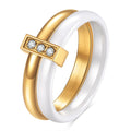 Ceramic ring with glossy stitching and zirconium detail in steel black or gold white finish