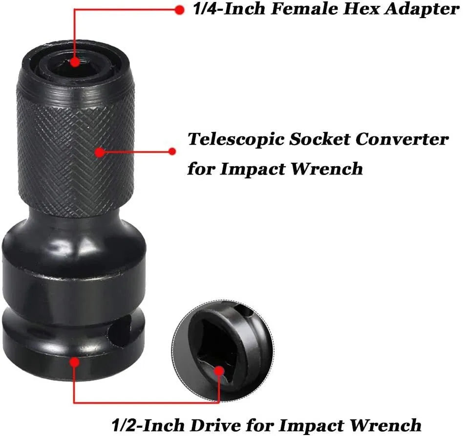 Steel telescopic bit holder adapter for converting square wrench drives to hexagonal handles
