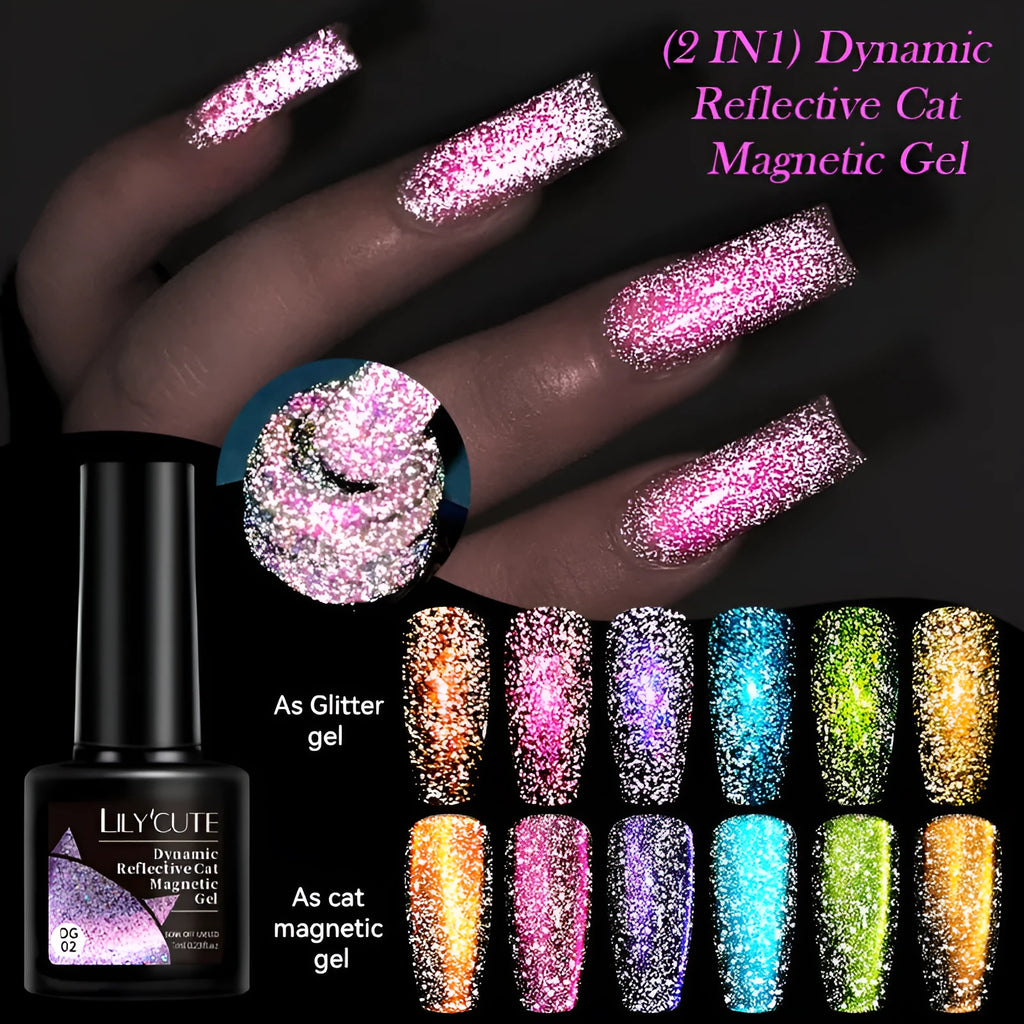 Six bottles of Diamond in the Debris cat eye UV gel nail polish showing glitter and magnetic finishes.
