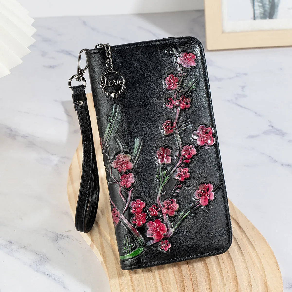 Chinese style embossed floral handbag with zipper closure in black, brown or coffee colours