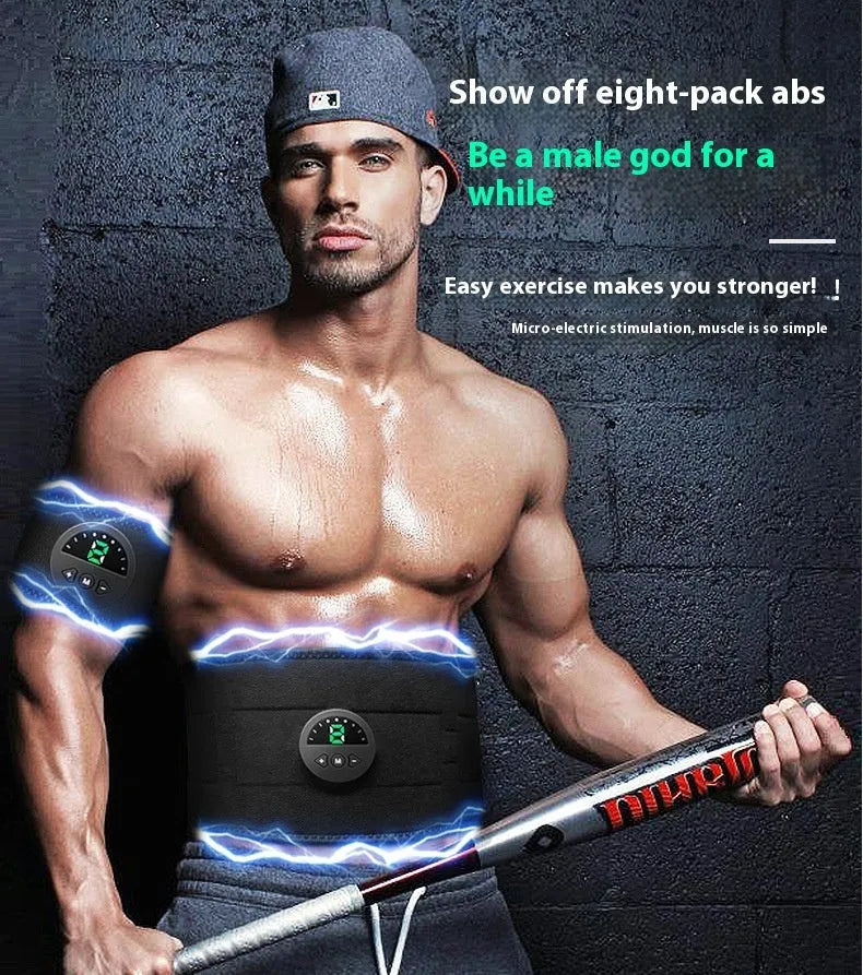 LCD display abdominal fitness belt for waist shaping and exercise, shown with USB charging cable.