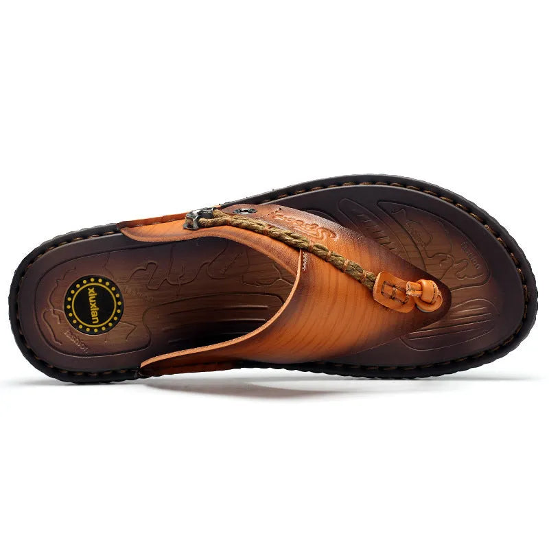 Men's plus size outdoor slippers with herringbone pattern in dark blue and khaki colours