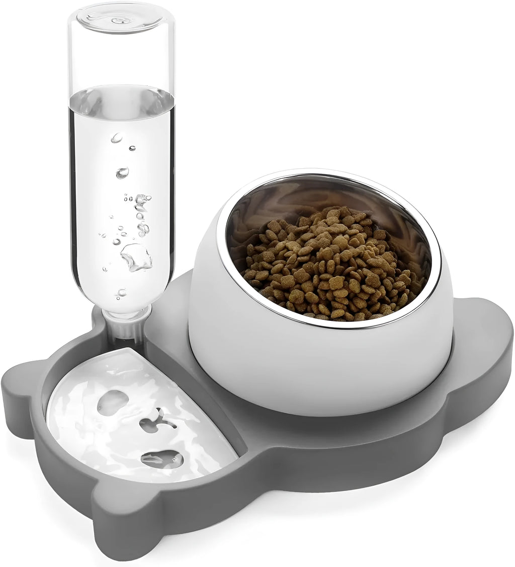 Grey panda-shaped tilted pet bowl set with automatic water bottle and stainless steel bowls