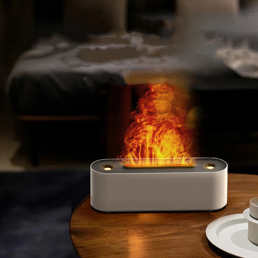 Black or white Flame Air ultrasonic humidifier and essential oil diffuser with LED flame lights on.