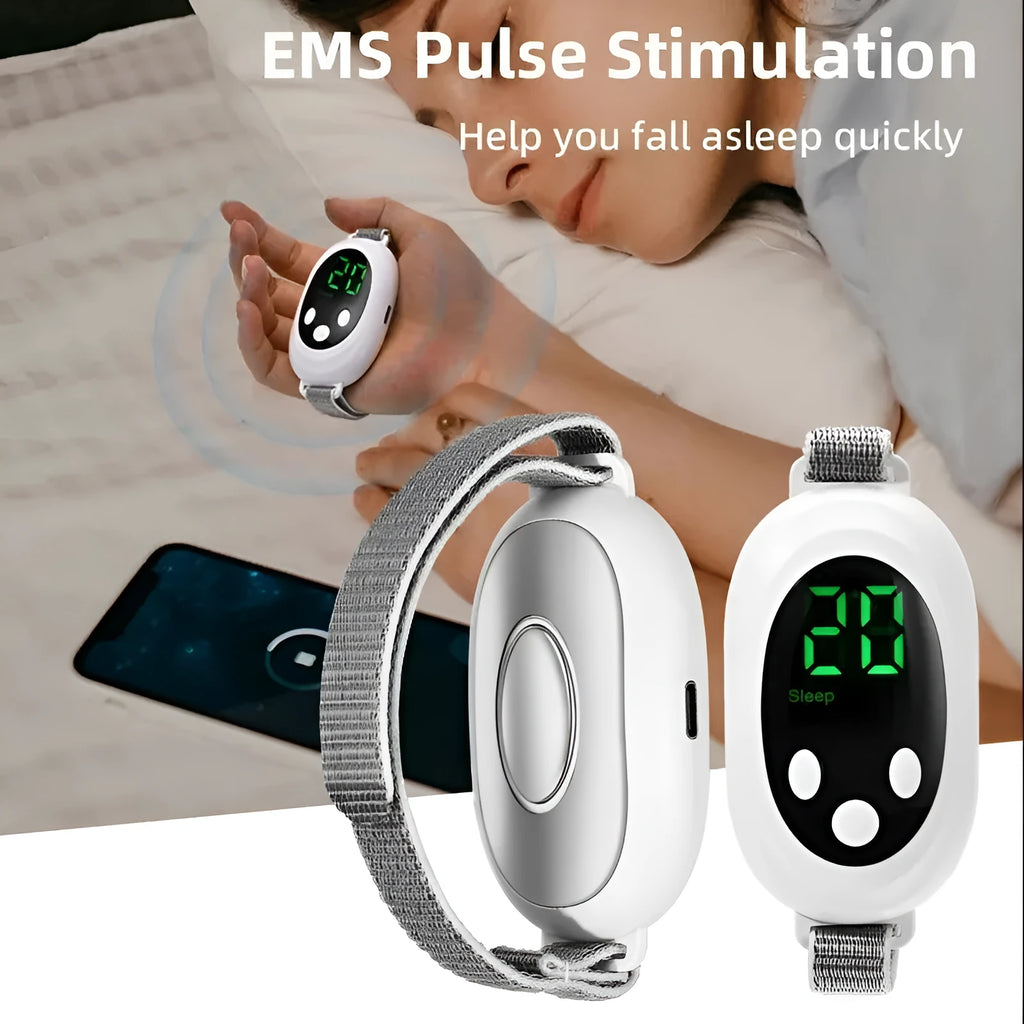White handheld sleep aid remote control device with USB charging cable and wrist bracelet.