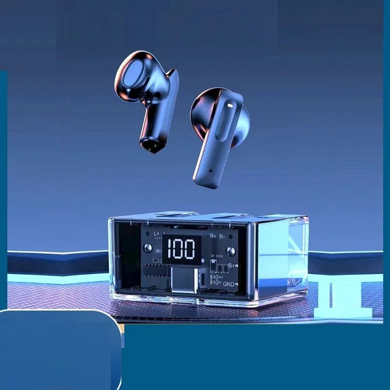 Space capsule transparent case Bluetooth earphones with digital display screen in five colour options