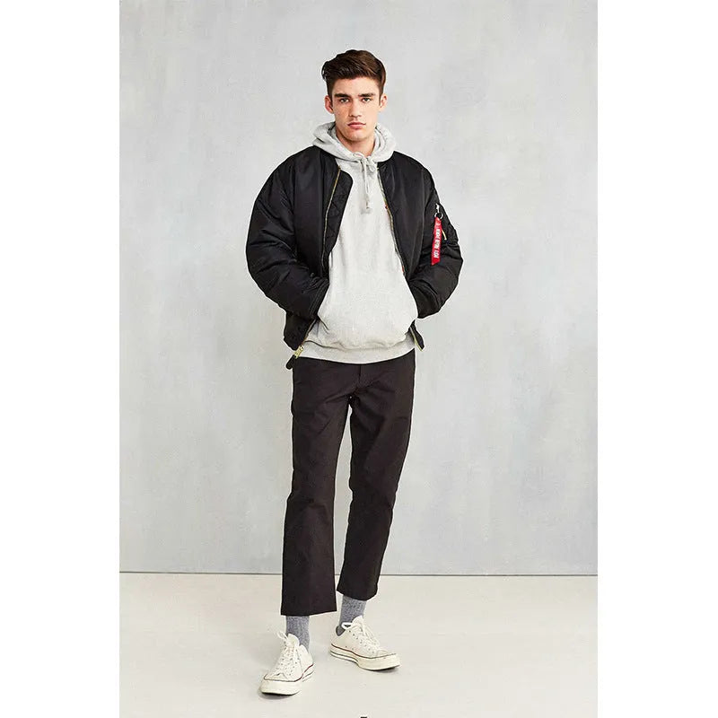 Men's loose-fit cotton-padded pilot jacket in army green, made from double-sided nylon fabric.