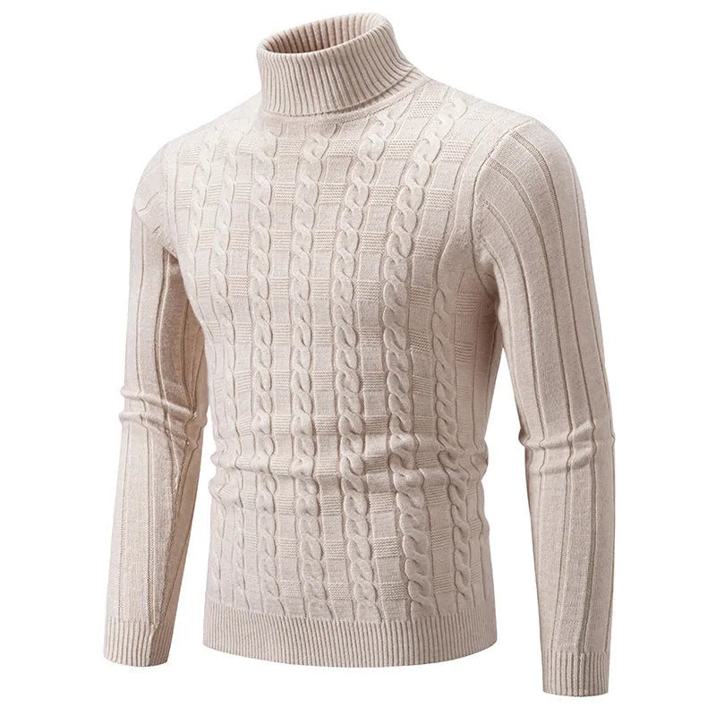 Men's slim-fit twist turtleneck pullover jumper in chenille fabric on a hanger.