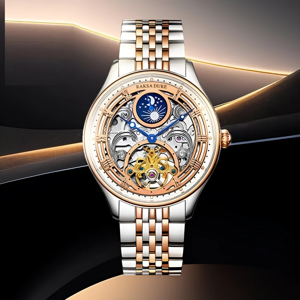 Men's business waterproof watch with white dial rose gold case and stainless steel bracelet