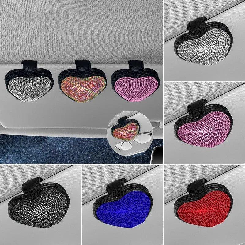 Diamond-encrusted PU leather magnetic clip for car sun visor holding sunglasses