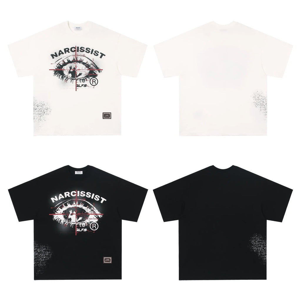 Black and white pure cotton T-shirt with retro hip hop gothic letter print for teenagers