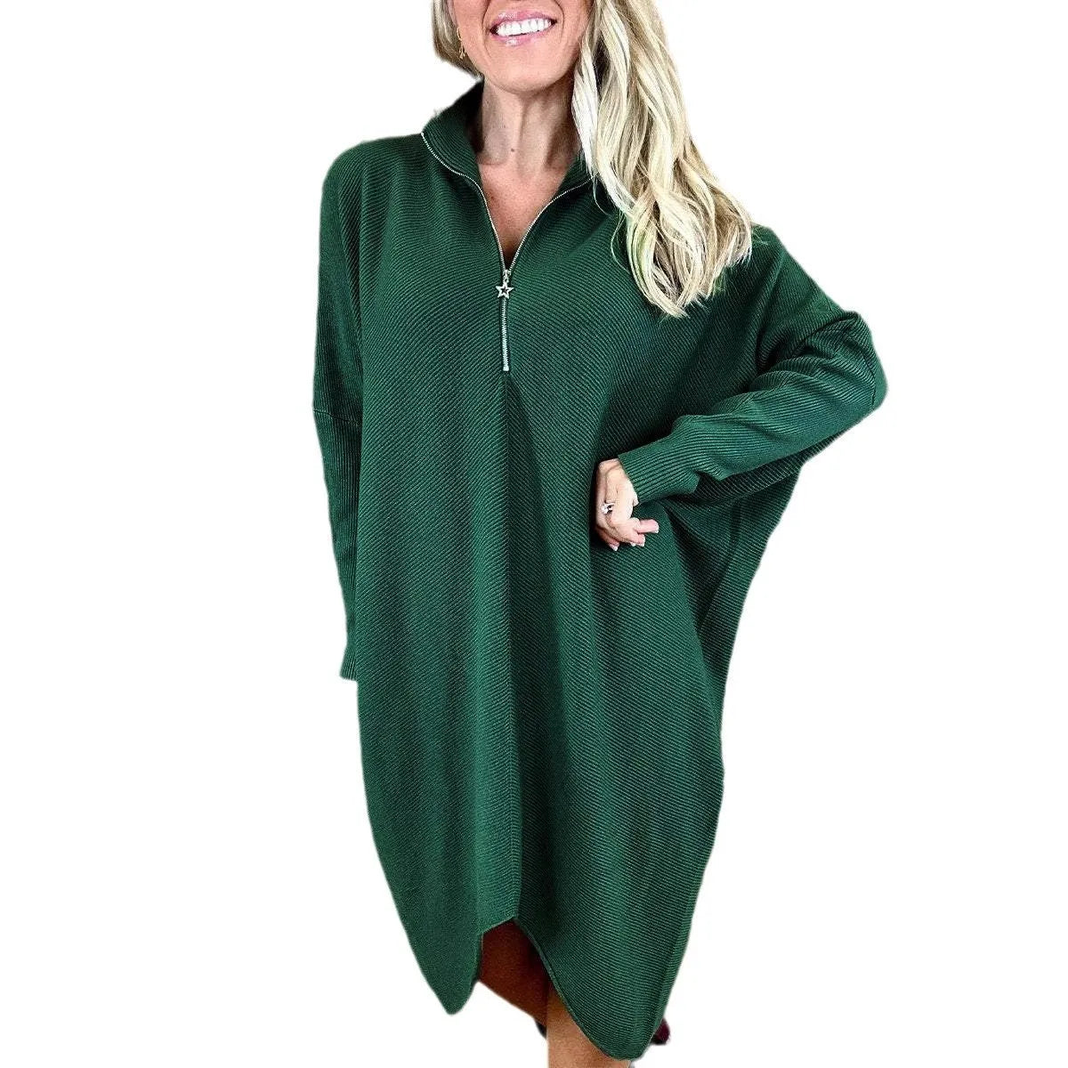 Women's solid colour loose knitted dress with raglan sleeves shown in dark green