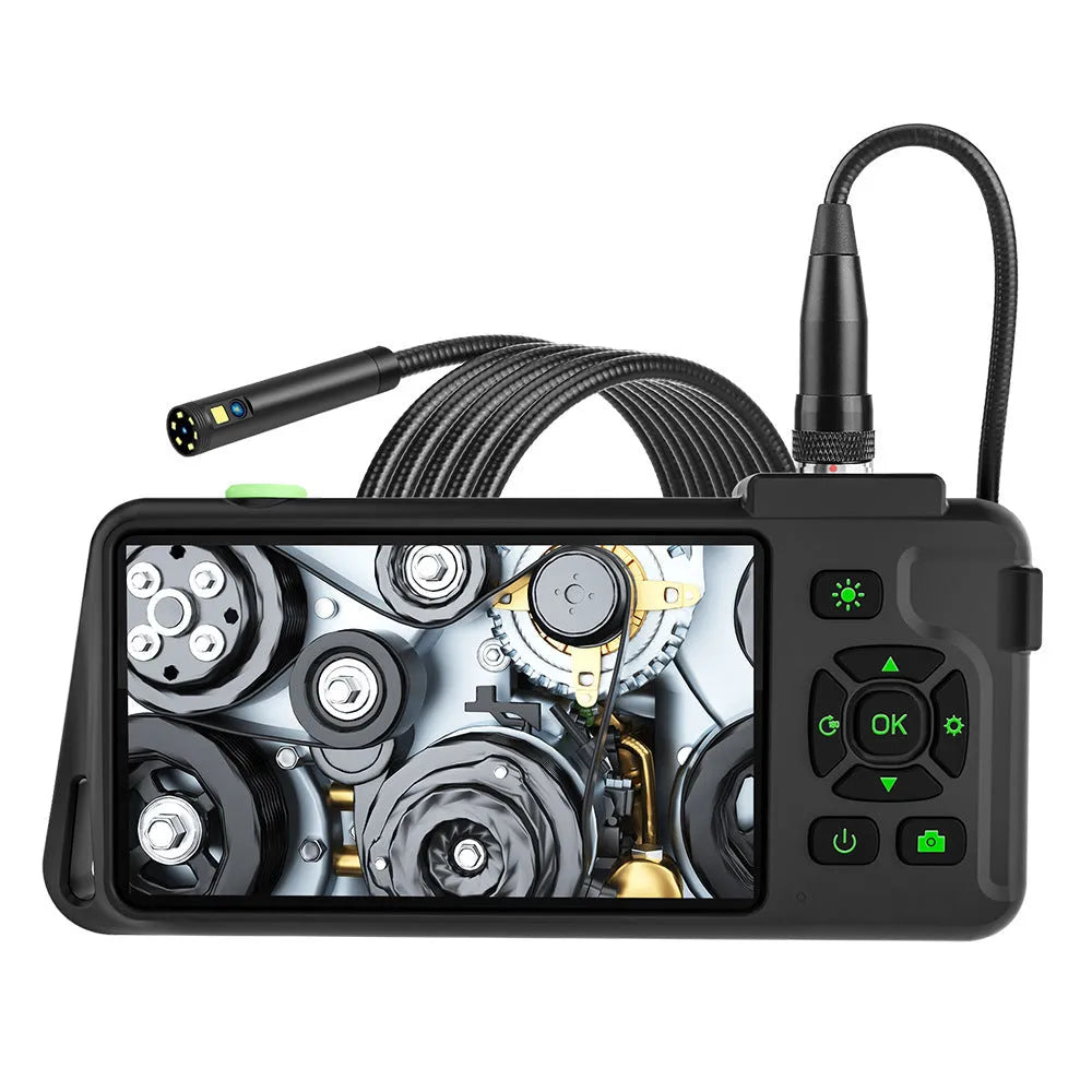 Handheld industrial endoscope with 4.5-inch screen and 1-metre black inspection cable with camera probe.