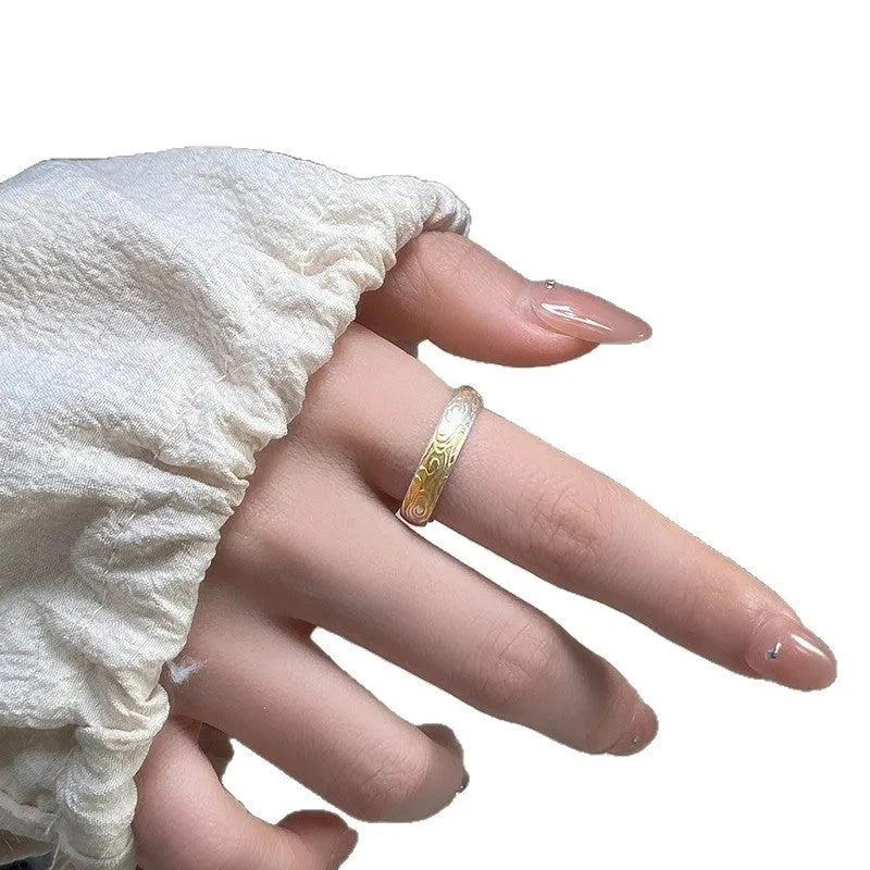 White copper open-mouth ring with geometric shape and Xiangyun pattern featuring electroplated silver gold finish