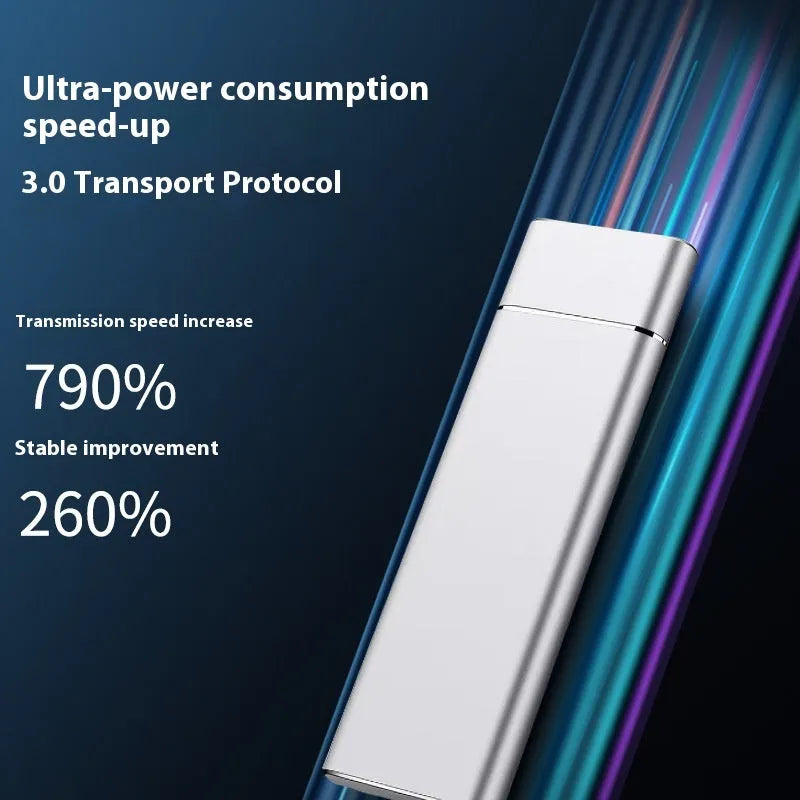 Sapphire blue metal external hard drive with USB cable on a white surface.