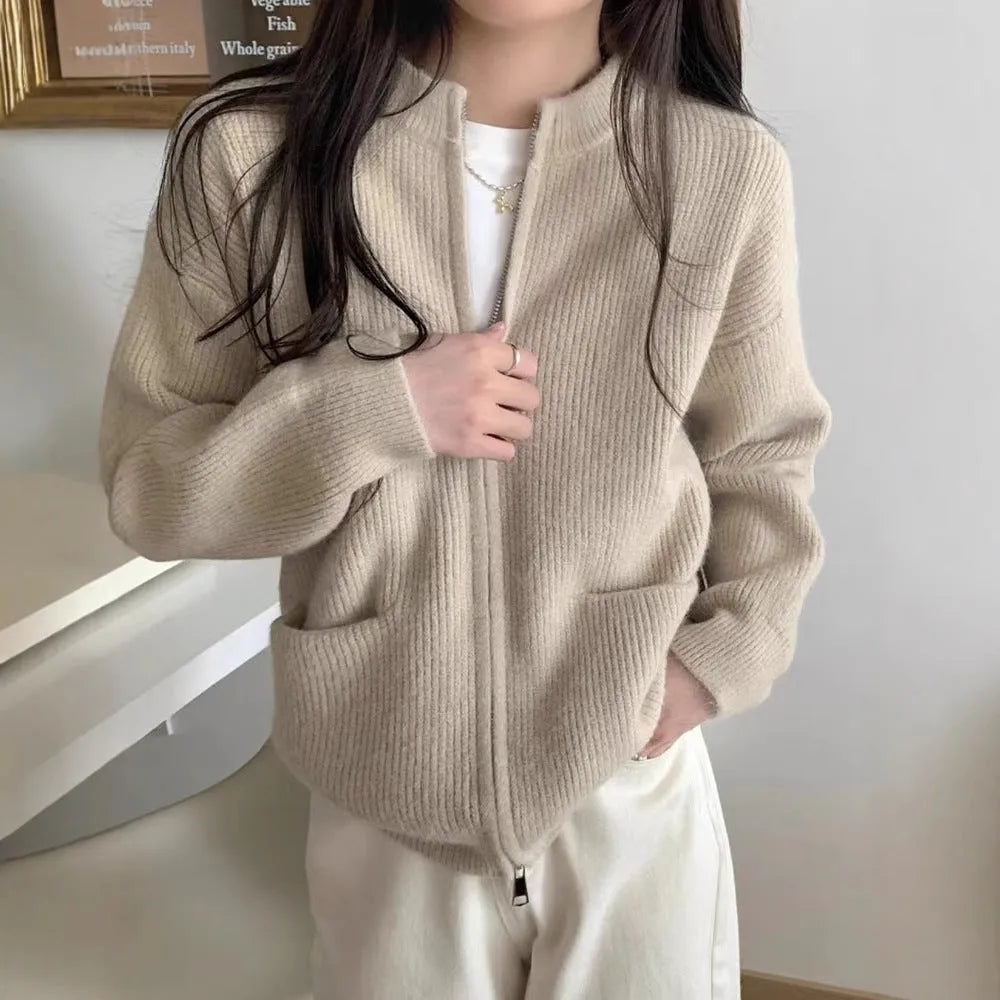 Beige soft wind glutinous sweater coat cardigan with long sleeves on hanger