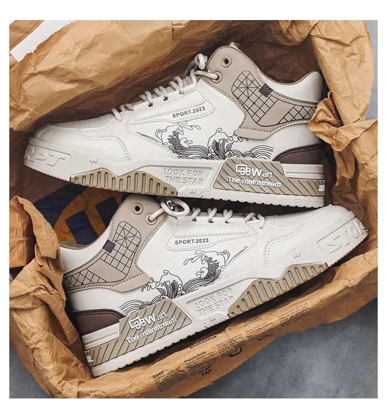 Men's beige high-top board shoes with mesh lining and flat rubber sole on a white background.
