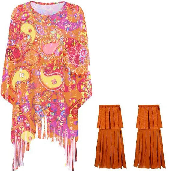 Adult wearing a vibrant tie dye cloak costume with large bell sleeves, shown in rainbow colours.