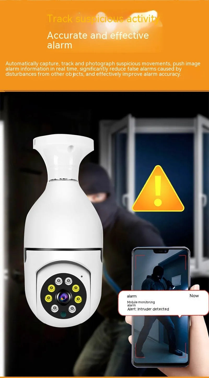 Wireless bulb security camera with metal and plastic housing, measuring 5cm by 12cm.