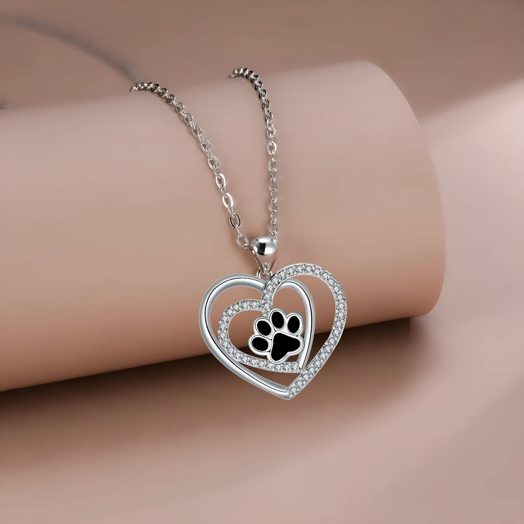 Women's dog paw print heart necklace on cross chain, electroplated copper construction
