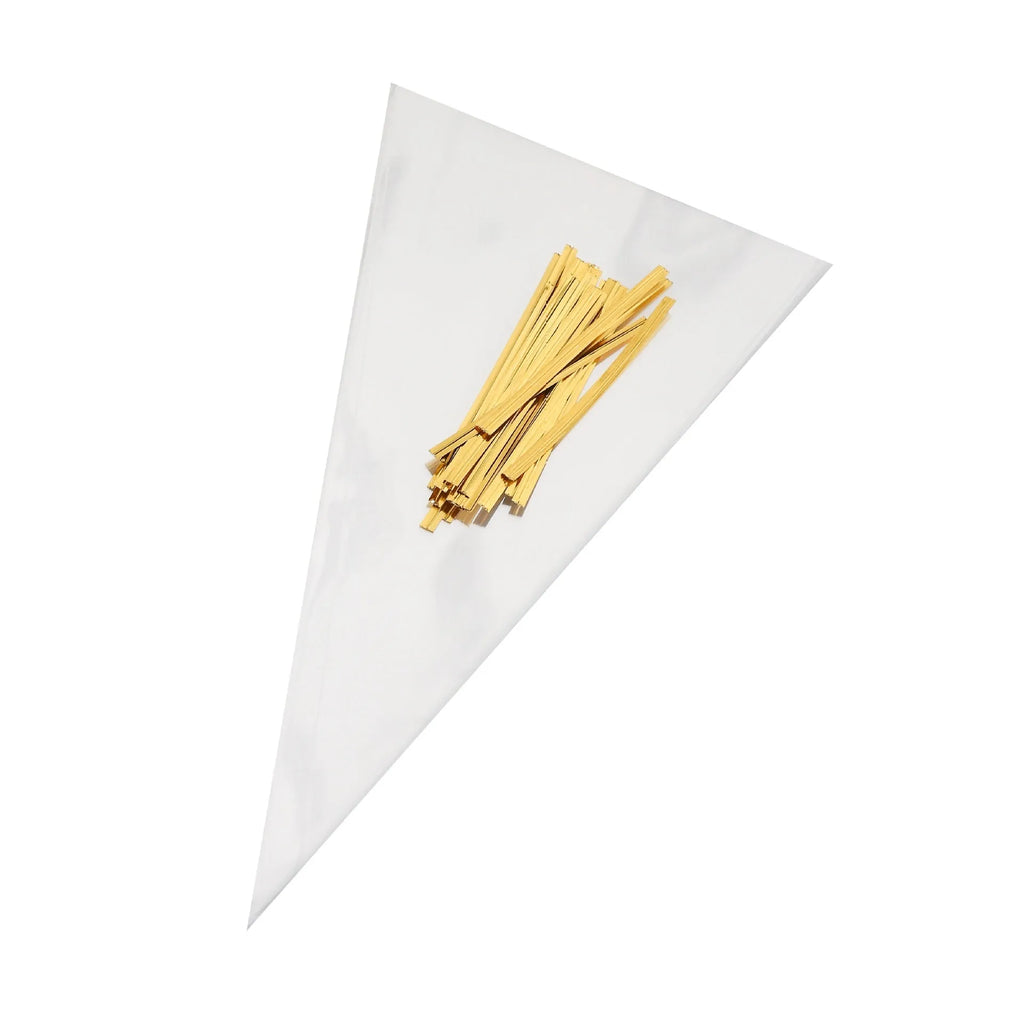 Clear triangle-shaped plastic packaging bag with a twisted wire tie closure on a white background.