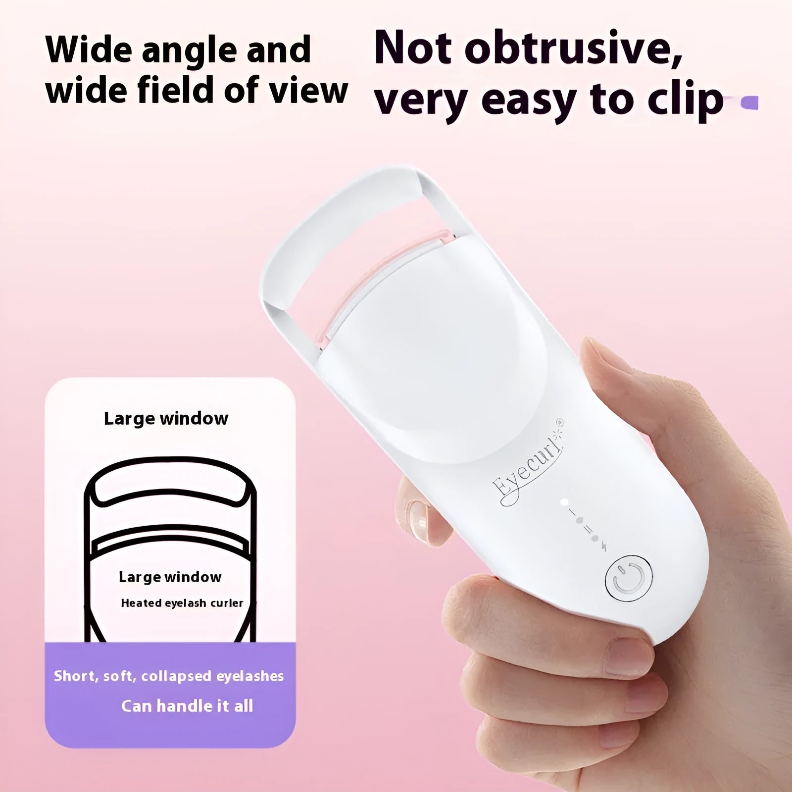 Electric heated eyelash curler with USB cable in cream white, maca pink, or vanilla apricot colours