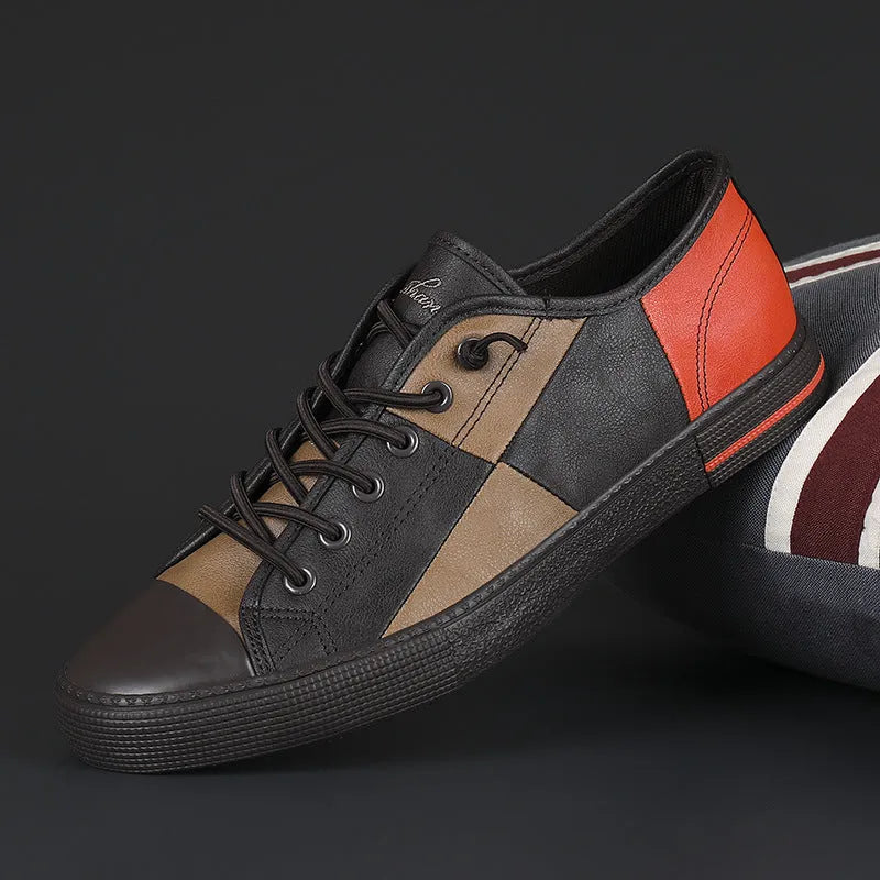 Men's colour-matching leather shoes with elastic band closure and round toe design in multiple colour options