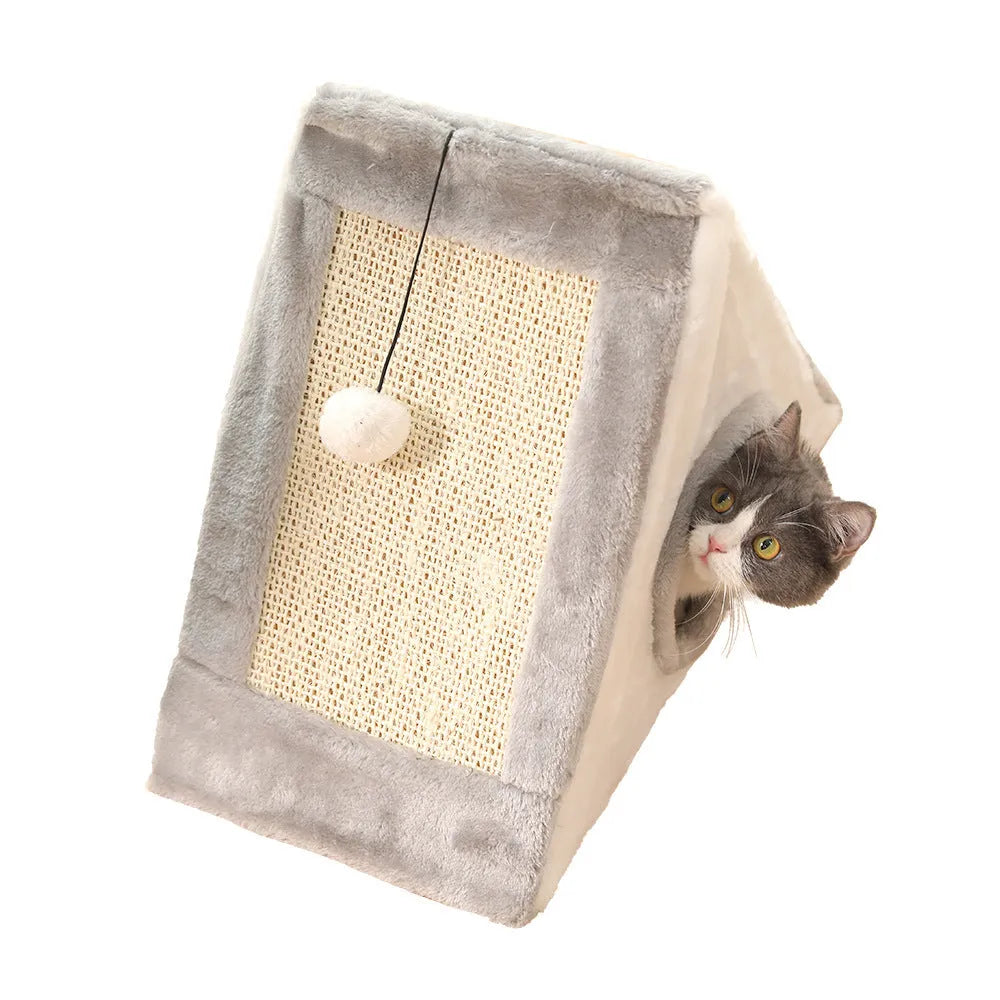 Triangle-shaped cat bed with integrated sisal scratching surface in grey white colour
